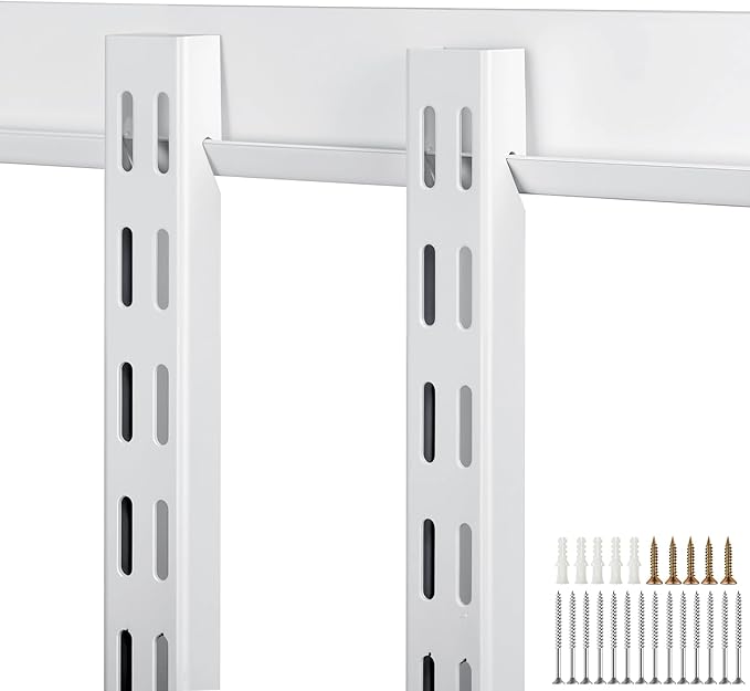 Blulu 2 Pcs 47.5 Inch Shelf Rails Bracket Dual-track Upright Wall Shelving System with 1 Pcs 40 Inch Rail Hardware White Heavy-duty Steel Wall Standard Shelf System for Home Laundry Pantry Closet