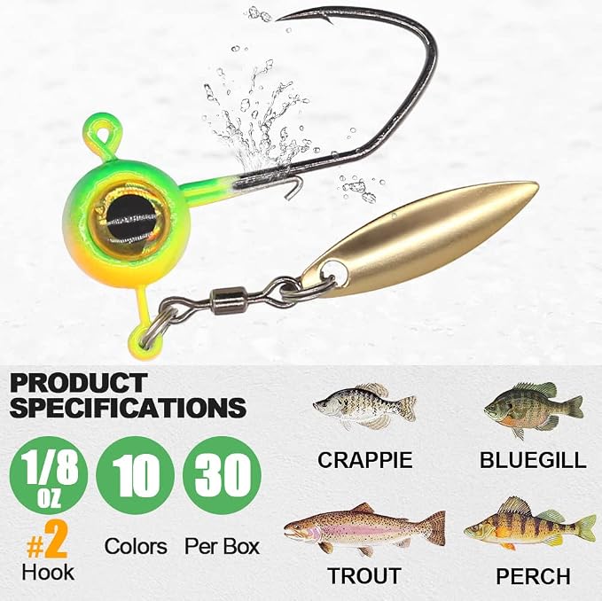 Crappie Jig Heads Kit With Underspin Spinner Blade, Lures and Jigs for Fishing - 30 & 50 Pack, 1/8, 1/16, 1/32 oz