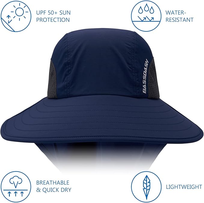 BASSDASH UPF 50+ Unisex Water Resistant Wide Brim Sun Hat with Large Neck Flap Ponytail Fishing Hat for Men Women
