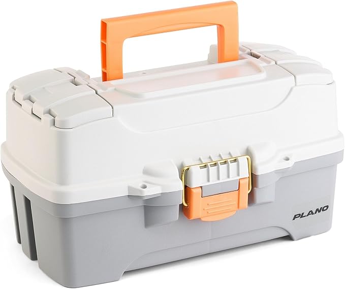 Plano Two-Tray Tackle Box, Light Grey/Dark Grey, Rust-Proof Brass Latch, Top-Access Tray with Deep Storage, Made in the USA, Portable Fishing Gear Storage Organizer
