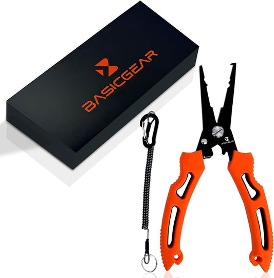 BasicGear Multi-Functional Fishing Pliers - 7" 420 Stainless Steel Head with Teflon Coating, Built-in Spring & Lock, Non-Slip Rubber Grip