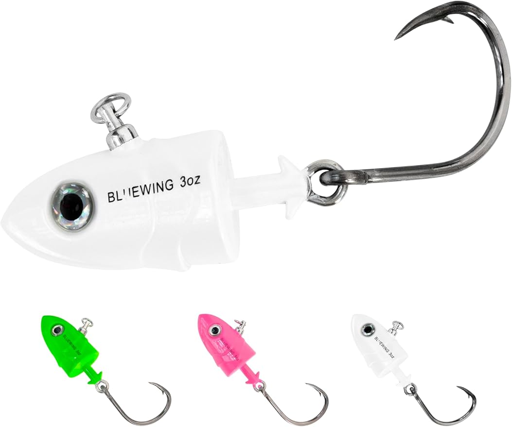 BLUEWING Jig Heads Saltwater 2oz,3oz,4oz,5oz,6oz,7oz Swimming Jigheads 1pc with High Carbon Steel Swing Hook and 6in/9in Replacement Tail Big Game Fishing Lures