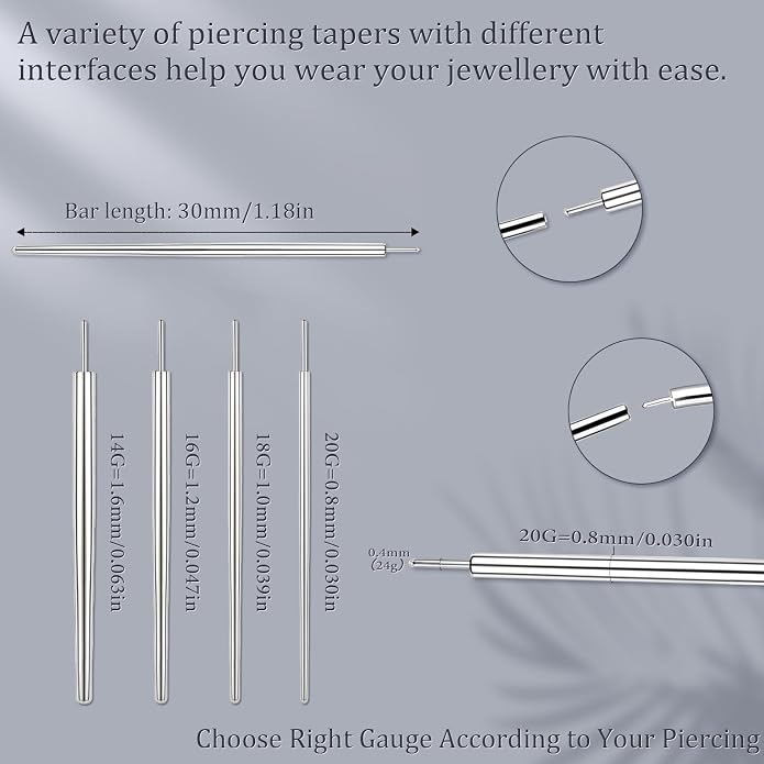 14G 16G 18G 20G Piercing Taper Piercing Ball Grabber Tool Stainless Steel Flat Back Earring Applicator Tool Threadless Insertion Pin Curved Body Piercing Kit for Ear/Nose/Navel/Lip/Eyebrow
