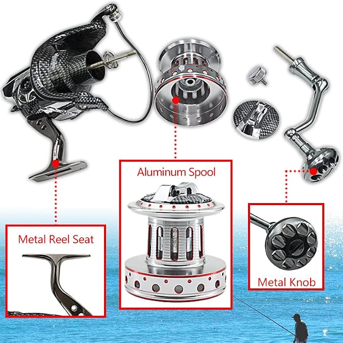 Fishdrops Surf Spinning Reel, Size 10000 12000 Saltwater Fishing Reels, Full Metal Frame 31 LBs Max Drag, 10+1 Stainless BB Ultra Smooth Powerful, High Capacity Long Casting Spinning Reels