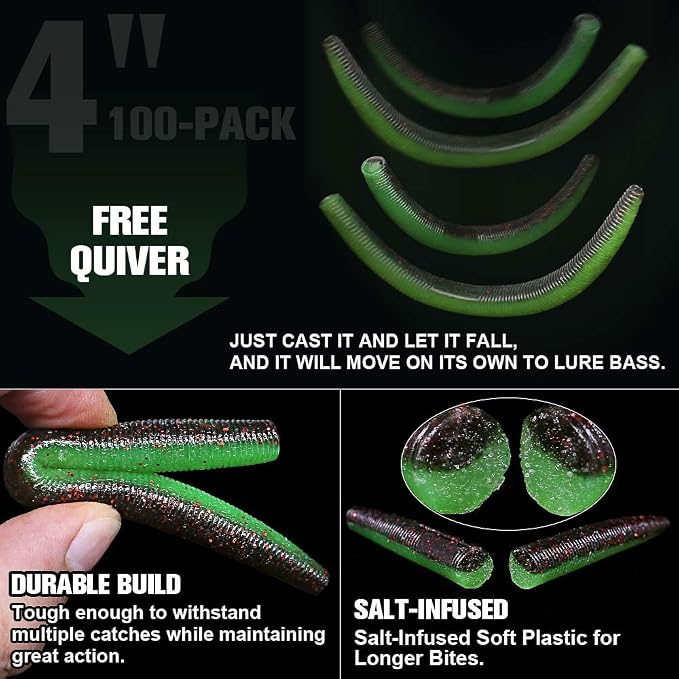 Wacky Worms Soft Plastic for Bass Fishing Lures–100 Pack 4" & 5" Stick Baits Wacky, Texas, Neko & Drop Shot Rigs–Bulk Soft Lure
