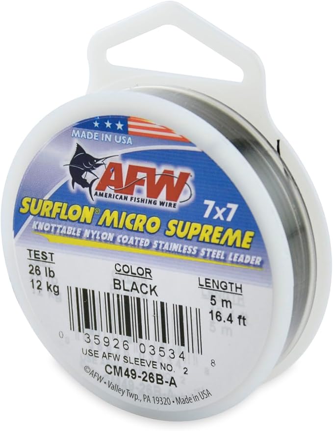 American Fishing Wire Surflon Micro Supreme Nylon Coated 7x7 Stainless Steel Leader Wire - Knottable Wire Leaders for Fishing Saltwater, Fly Fishing, 13lb Test - 90lb Test, Bright, Black & Camo Colors