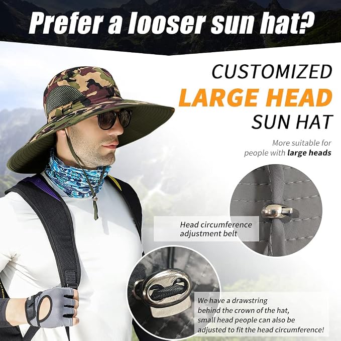 【Oversize XXL&Wide Brim】 Sun Hats for Men, 【UPF50+Waterproof】 Fishing-Hat Boonie Bucket for Hiking Safari Beach Garden