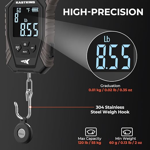 KastKing Weighmaster Mechanical-Digital Fishing Scale, 120 lb Capacity, 2.5" Backlit Display, High-Precision Sensor, 9 Weight Memory, Temperature Detection, IPX6 Waterproof, Fishing Gifts