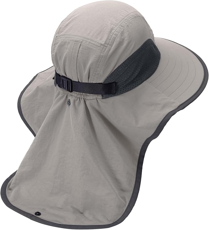 BASSDASH UPF 50+ Unisex Water Resistant Wide Brim Sun Hat with Large Neck Flap Ponytail Fishing Hat for Men Women