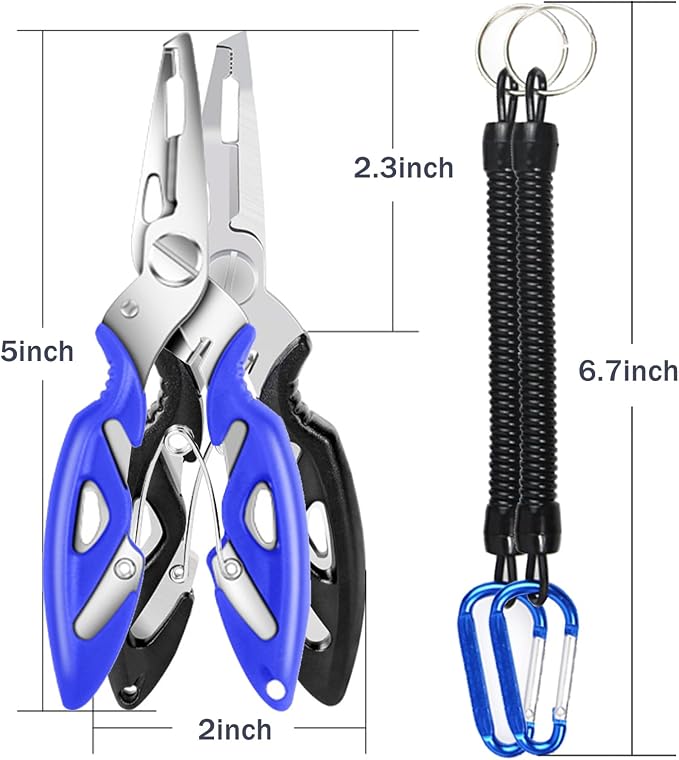 Fishing Pliers, Stainless Steel Fish Hook Remover 2PCS, Multi-Function Fishing Line Cutter Split Ring Opener, Fishing Braid Scissors Gear Accessories Fish Gripper with Lanyard Fly Fishing Tool