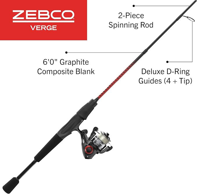 Zebco Verge Spinning Reel and Fishing Rod Combo, Changeable Right- or Left-Hand Retrieve, Pre-Spooled with Zebco Fishing Line
