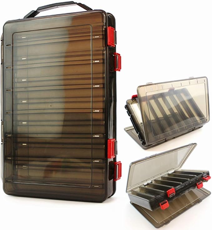 Double-Sided Fishing Lure Hook Tackle Box Visible Hard Plastic Clear Fishing Lure Bait Squid Jig Minnows Hooks Accessory Storage Case Container (Brown 14 Slots)