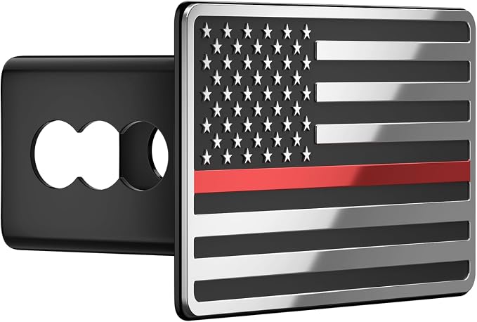 Heavy American Flag Metal Trailer Hitch Cover for 2" inch Receivers,Tow Hitch Covers 2 Inch for Truck Accessories (with 5/8-Inch Pin Diameter Trailer Hitch Lock, Chrome&Thin Red Line)