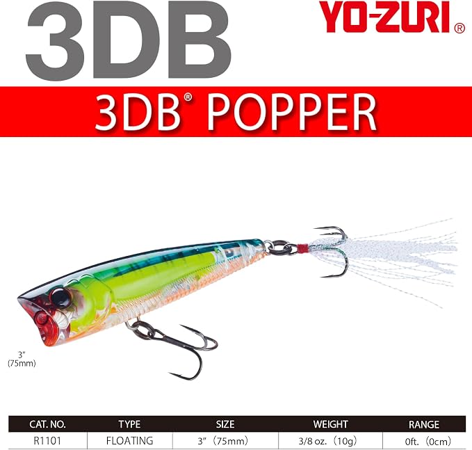 Yo-Zuri 3DB Popper, Floating, 3 Inch, 75mm, Gizzard Shad