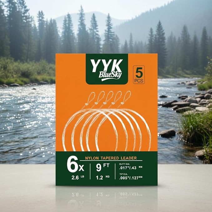 YYKBlueSky 9FT Clear Nylon Tapered Leader, Multiple Sizes 0X-7X (0X 1X 2X 3X 4X 5X 6X 7X) Optional, 5PCS Each for Freshwater Fly Fishing Line