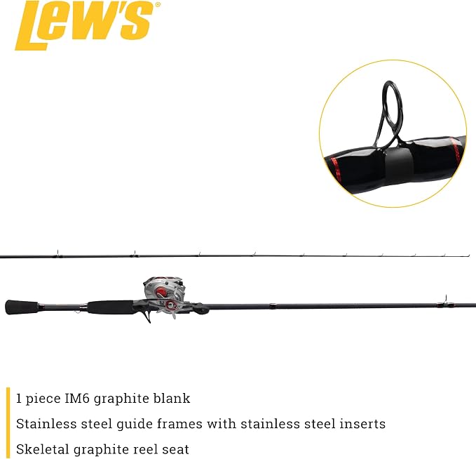 Lew's Laser MG Speed Spool Baitcast Reel and Fishing Rod Combo, Premium IM6 Graphite Rod with Split Grip EVA Handle, Right-Hand Retrieve, Silver