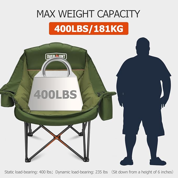 Overmont Oversized XL Camping Chair for Adults - 500lbs Support Heavy-Duty Padded Folding Chair with Side Pocket Cup Holder Cooling Bag for Outdoor Sports Garden Beach Fishing Lawn Green 2pcs