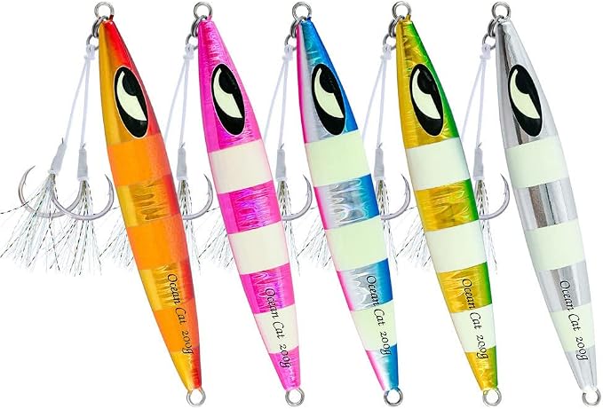 OCEAN CAT Lead Metal Flat Slow Fall Pitch Fishing Jigs Lures Sinking Vertical Jigging Bait with Butterfly Hook for Saltwater Fishing