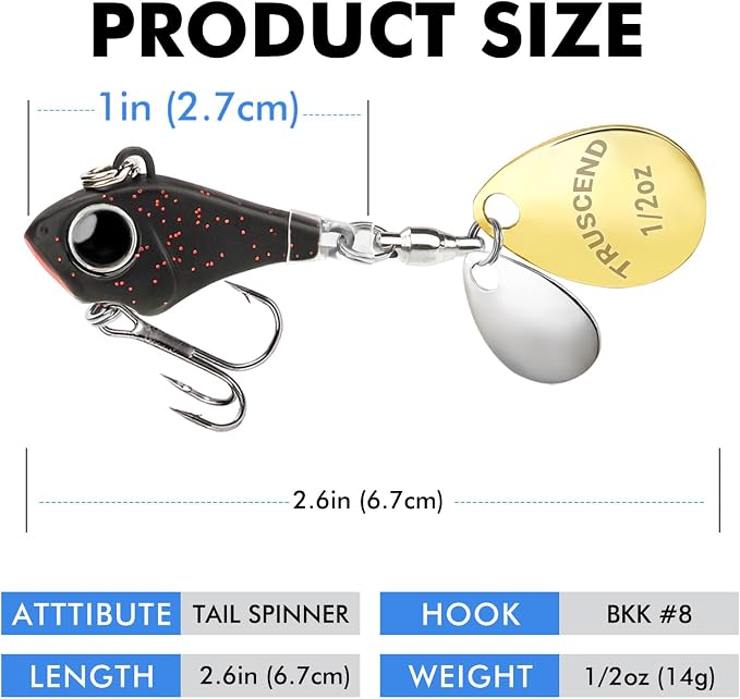 TRUSCEND Vibespinner Easy Catch Fishing Lures with BKK Hooks, Tail Spinner Baits with 4 Actions, Vibrating Swimming Flashing & Jigging for More Bites, Spoon Lures for Bass Trout Crappie Walleye Pike