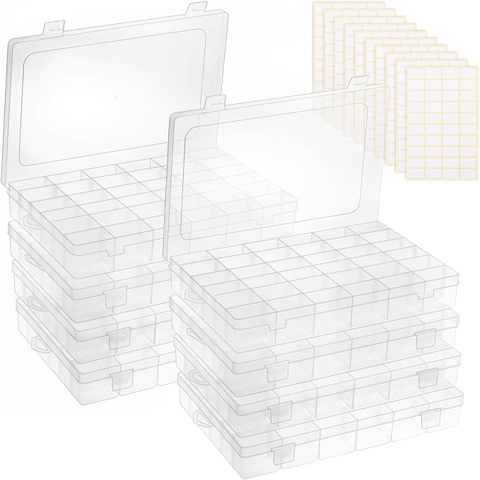 OUTUXED 8 Pack 36 Grids Clear Plastic Storage Boxes with Adjustable Dividers, Beads Storage Containers, Jewelry and DIY Crafts Organization, Screw & Hardware Sorting with 10 Label Stickers