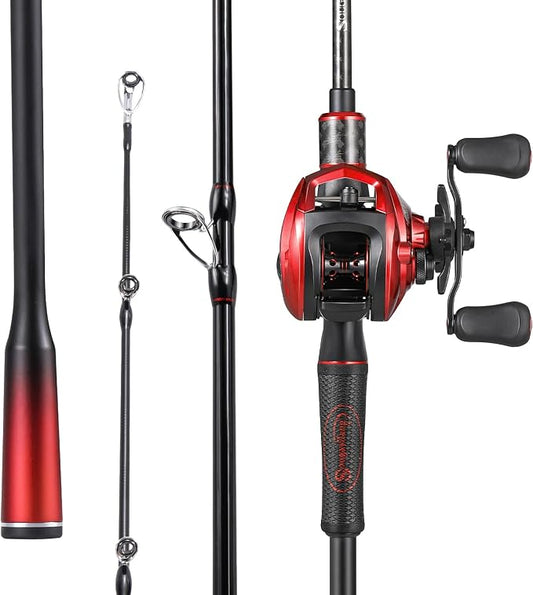 Sougayilang Baitcasting Combo – 30-Ton Graphite 2-Piece Rod, Stainless Steel Guides, Medium, 6.3:1 Gear Ratio, 18LB Drag, SuperPolymer Handle for Bass, Trout, Walleye – 6ft/7ft Travel Rod