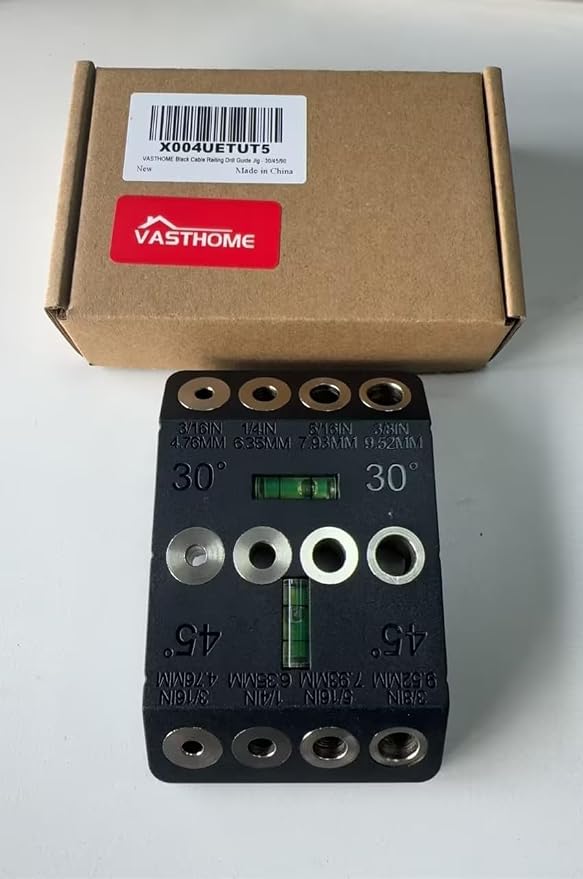 VASTHOME Cable Railing Drill Guide Jig - 30/45/90 Degree Multi-Angle Portable Drilling Template for 4 Standard Sizes: 3/16", 1/4", 5/16", 3/8",Straight Hole Drilling w/Bubble Level for Stair & Deck