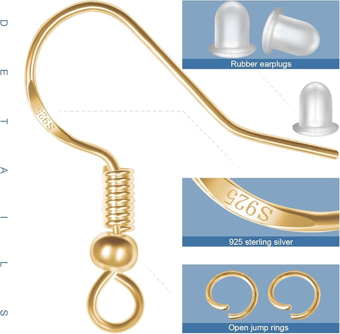 925 Sterling Silver Earring Hooks, 750PCS Earring Hooks Kit 250PCS/125Pairs Gold & Silver Hypoallergenic Earring Hooks with 250PCS Open Jump Rings and 250PCS Rubber Earring Backs for Jewelry Making