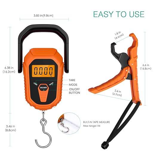 ORIA Digital Fish Scale with Lip Gripper, 110lb/50kg Hanging Scale, Floating Waterproof Fish Scale, Portable Luggage Scale with 38'' Built-in Tape Measure, LCD Backlit, Batteries, for Indoor, Outdoor