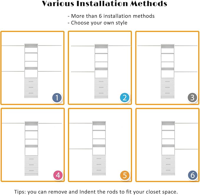 Closet System, 5FT-9FT Closet Organizer System 114.9" Walk in Closet Storage System with 3 Wooden Drawers 4 Expandable Hanging Rods, Wall Mount White