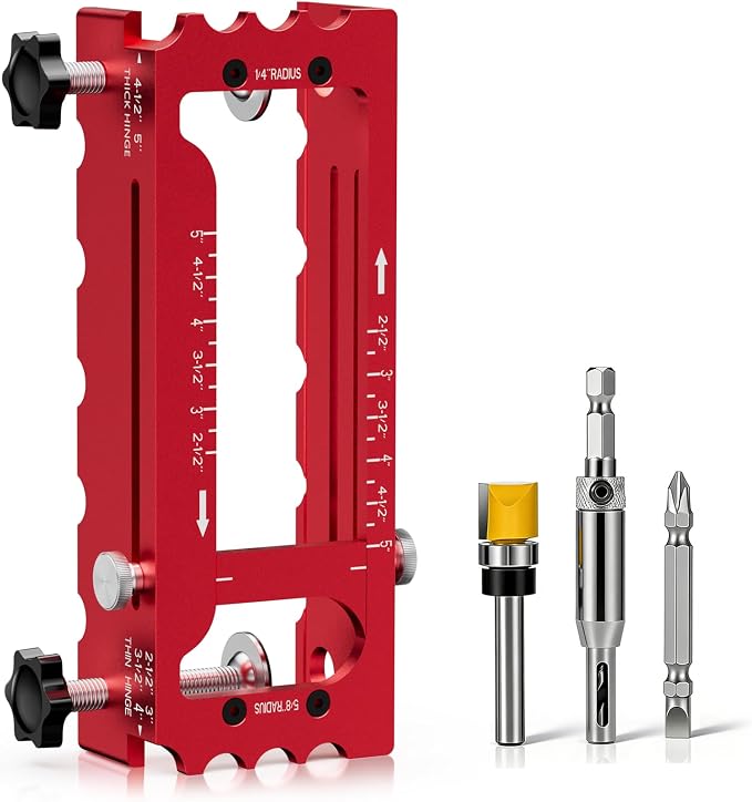 Door Hinge Jig Tool for Router, Adjustable Aluminum Alloy Mortise Jig Fits Door Hinges 2.5" -5", Door Hinge Template Installation Kit, 1/4" & 5/8" Radius and Square Corners (red)