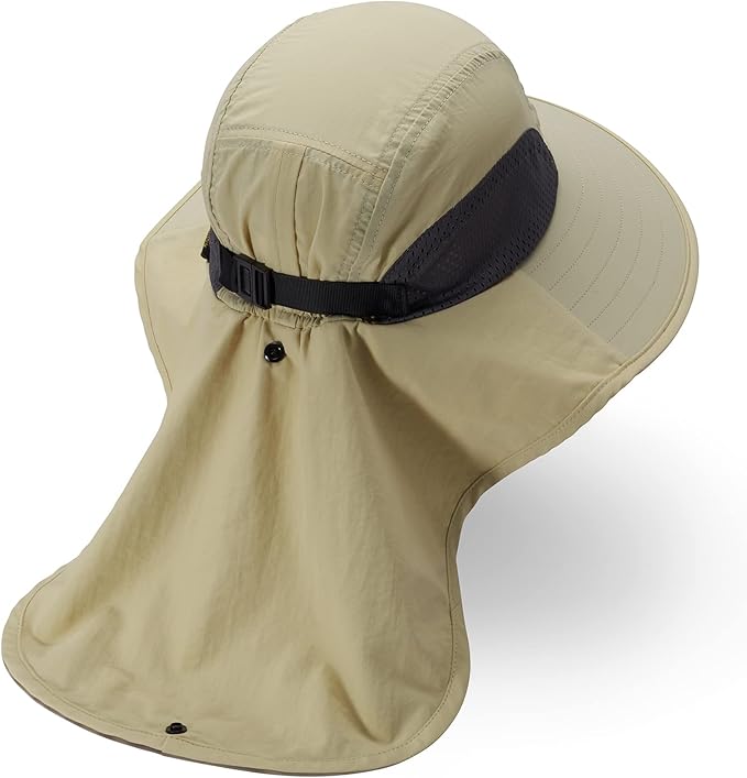 BASSDASH UPF 50+ Unisex Water Resistant Wide Brim Sun Hat with Large Neck Flap Ponytail Fishing Hat for Men Women