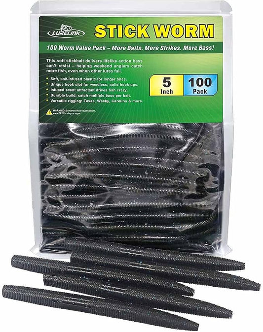 Wacky Worms Soft Plastic for Bass Fishing Lures–100 Pack 4" & 5" Stick Baits Wacky, Texas, Neko & Drop Shot Rigs–Bulk Soft Lure