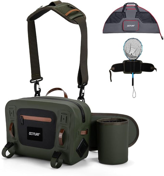 Goture Waterproof Fishing Waist Pack,IPX8 840D TPU Large Tackle Bags with Rod Holder,Airtight Zipper,Detachable Water Bottle Holder, 10L Fly Fishing Bag with Adjustable Strap, Wader Bag Included