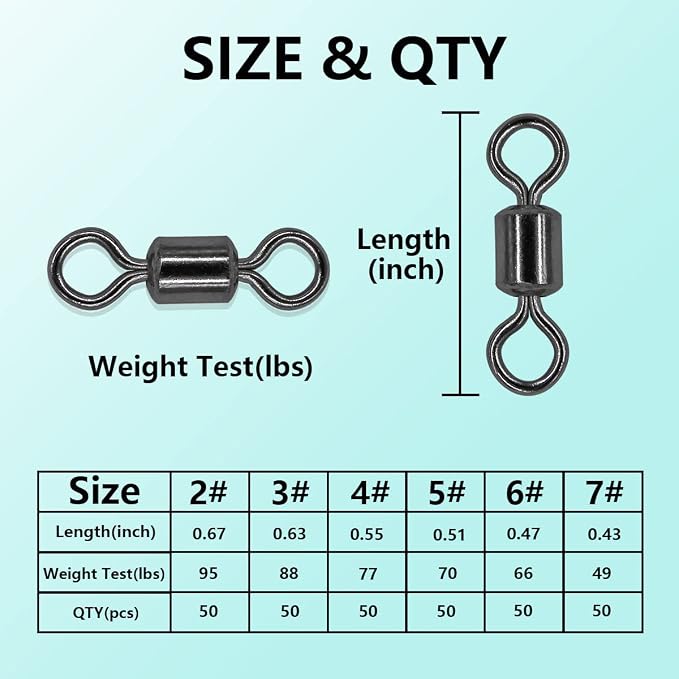 Fishing Barrel Swivels Kit, 300pcs Stainless Steel Rolling Bearing Snap Connector for Saltwater Freshwater Fishing#2#3#4#5#6#7
