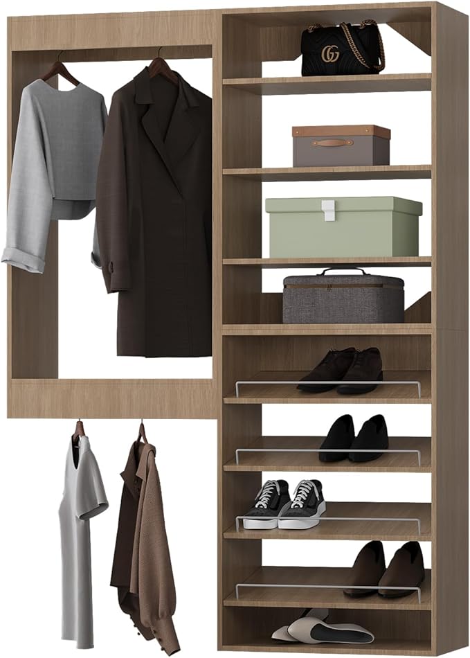 ROOMTEC Modular Closet System, 55" Wall Mounted Closet Organizer with Hanging Rods and Shoe Shelf, Wooden Tower for Walk-In Closets, Wardrobe Storage Kit, Wood