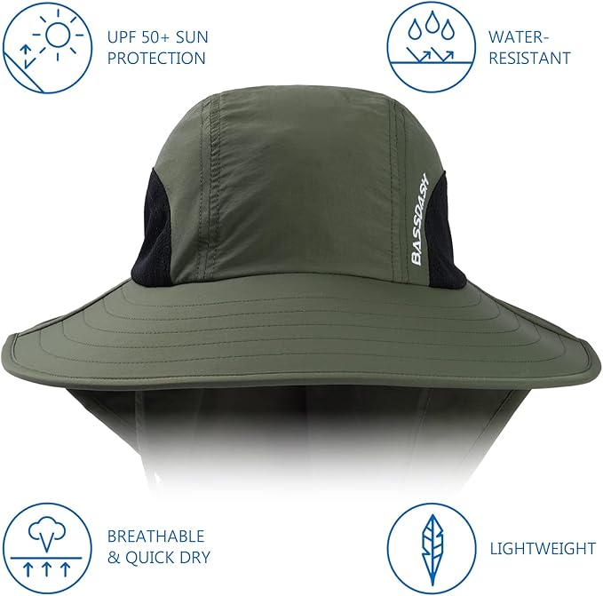BASSDASH UPF 50+ Unisex Water Resistant Wide Brim Sun Hat with Large Neck Flap Ponytail Fishing Hat for Men Women