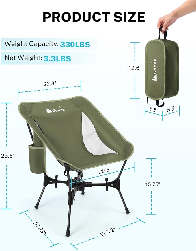 Gonex Portable Camping Chair, The 5th Gen Ultralight Compact Backpacking Foldable Lightweight Folding Chair for Outdoor Camp Hiking Beach Picnic Concert, Supports 330lbs (Army Green, 2 PCS)
