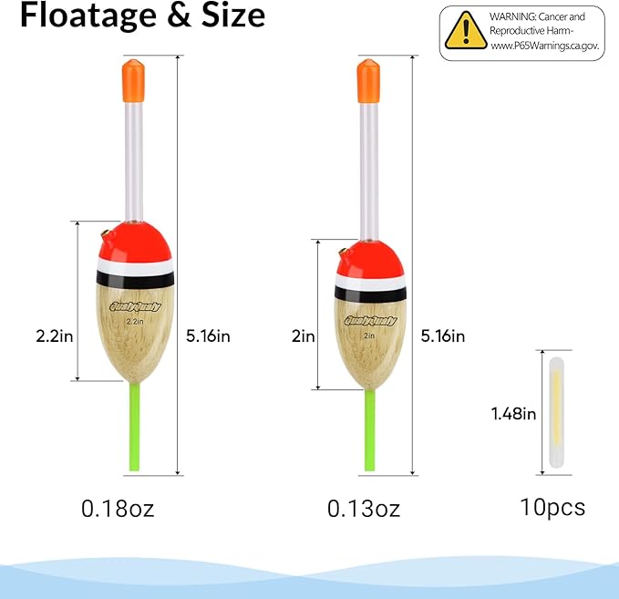 QualyQualy Lighted Fishing Slip Bobber 4-5Pcs Wood/EVA Fish Float + 8-10Pcs Glow Sticks, Night Fishing Light Up Slip Bobber for Crappie Bass Panfish Catfish Walleye