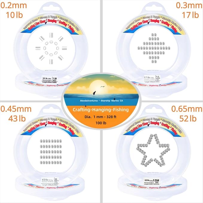 Aboda Clear Fishing Line 0.2-1 mm, Strong Invisible Nylon Fishing Wire 8-100 lb Test Includes Crimp Sleeves, Clear String for Hanging Decorations Balloons Garlands Crafts & Jewelry