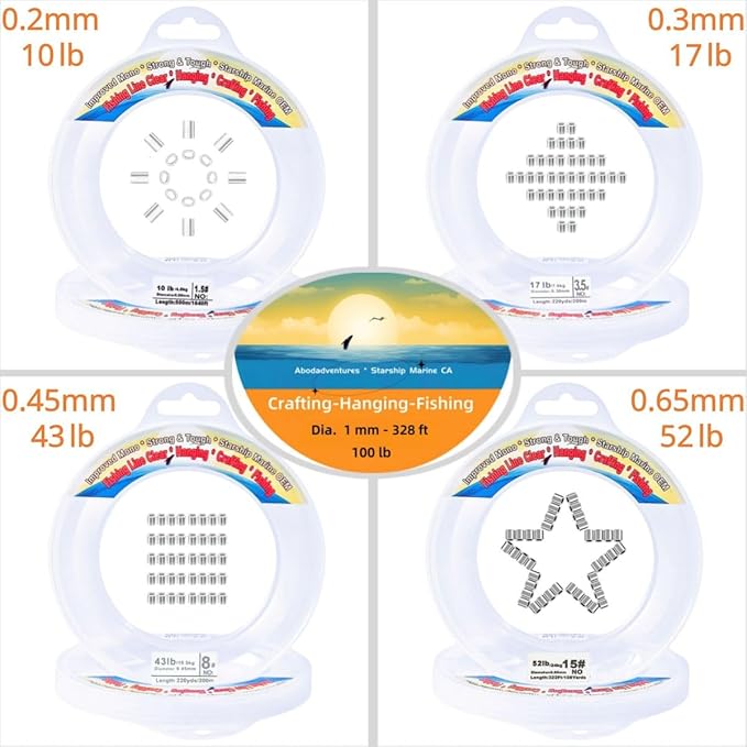 Aboda Clear Fishing Line 0.2-1 mm, Strong Invisible Nylon Fishing Wire 8-100 lb Test Includes Crimp Sleeves, Clear String for Hanging Decorations Balloons Garlands Crafts & Jewelry