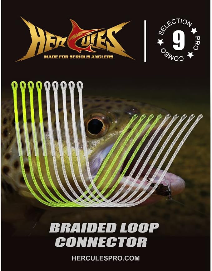 HERCULES Fly Fishing Leader Connector for Fly line 9Pcs Pro Selection Combo - 20lb 30lb 50lb, Clear and High-Vis Yellow