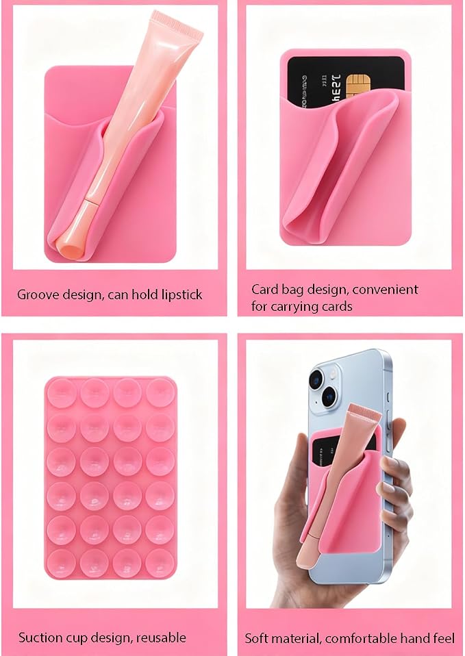 Silicone Sided Suction Cup Phone Case, Lip Gloss Holder, Featuring A Card Slot, A Self-Adhesive Lip Gloss Holder Detachable Mount, Compatible with Most Smartphones (Pink)
