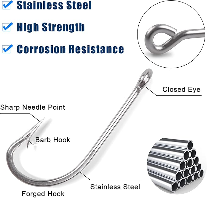 Saltwater Fishing J Hooks O'Shaughnessy Forged Extra Strong Stainless Steel Trolling Sea Bass Striper Snapper Fishing Hooks, Size 1/0-10/0