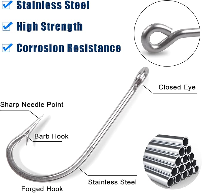 Saltwater Fishing J Hooks O'Shaughnessy Forged Extra Strong Stainless Steel Trolling Sea Bass Striper Snapper Fishing Hooks, Size 1/0-10/0