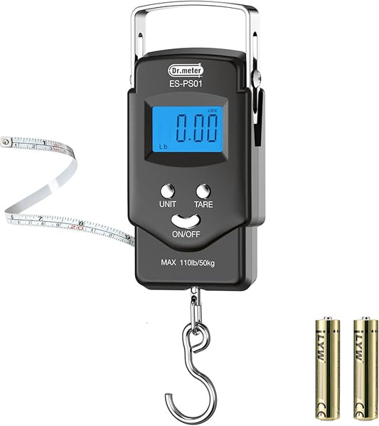 Dr.meter Fish Scale Luggage Scale Fishing Gear - 110lb Backlit LCD Display Digital Scale with Built-in Measuring Tape - Fishing Scale with 2 AAA Batteries, Pocket Size - Fishing Gifts for Men