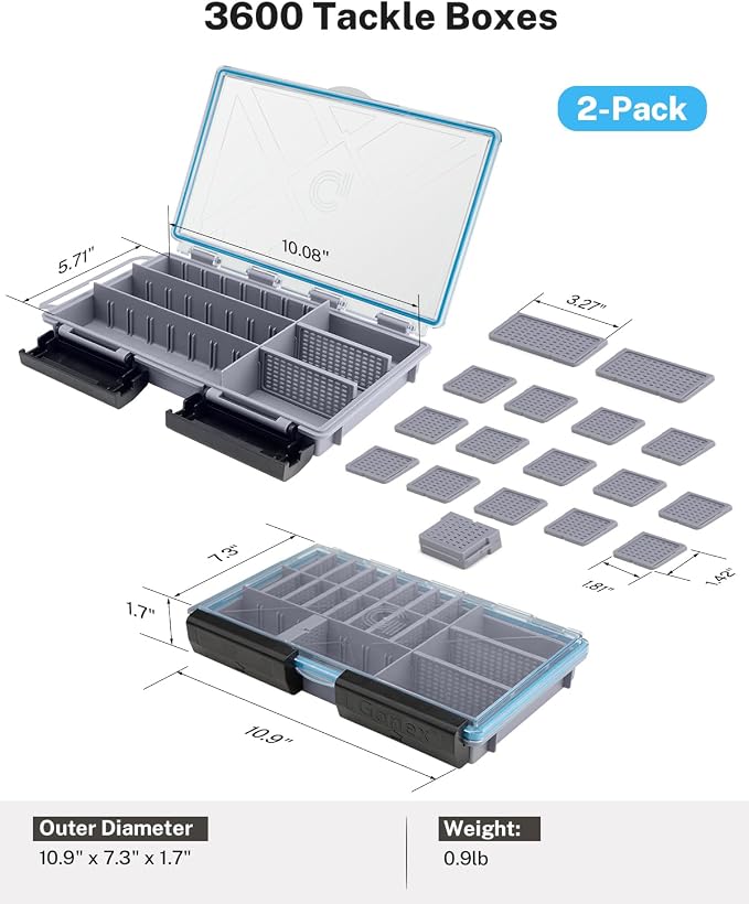 Gonex Fishing Tackle Boxes, 2-Pack Waterproof 3600 Tackle Trays with Adjustable Dividers, Portable Clear Plastic Tackle Organizers with DIY Dividers for Lures, Hooks, Bass Gear, Gray