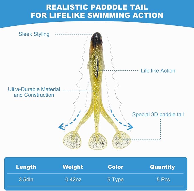 5 Pcs Pre-Rigged Soft Fishing Lures, 3.5In Paddle Tail Jig Heads Swim Bait, Realistic Movement Easy Catch Fishing jigs Lure, Fishing Baits for Freshwater Saltwater Bass Trout Baits