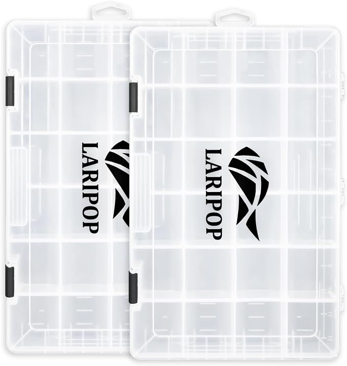 LARIPOP 2-Pack 3700 Fishing Tackle Boxes, Clear Plastic Storage Trays with Adjustable Dividers, Organizer for Lures, Hooks, Sinkers, Jigs & Fishing Accessories