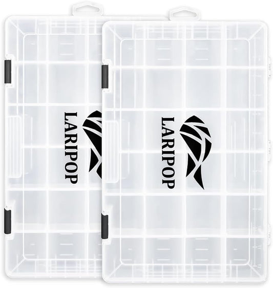 LARIPOP 2-Pack 3700 Fishing Tackle Boxes, Clear Plastic Storage Trays with Adjustable Dividers, Organizer for Lures, Hooks, Sinkers, Jigs & Fishing Accessories