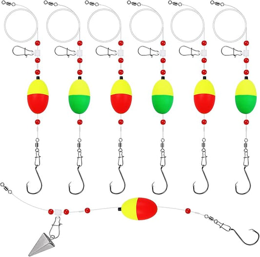 Fish Finder Rigs - 6 Pack (Size 6/0 or 8/0) with 33LB Fluorocarbon Leader - Pre-Assembled Surf Fishing Rigs with High-Carbon Steel Hooks & Oversized Float for Saltwater Ocean Fishing